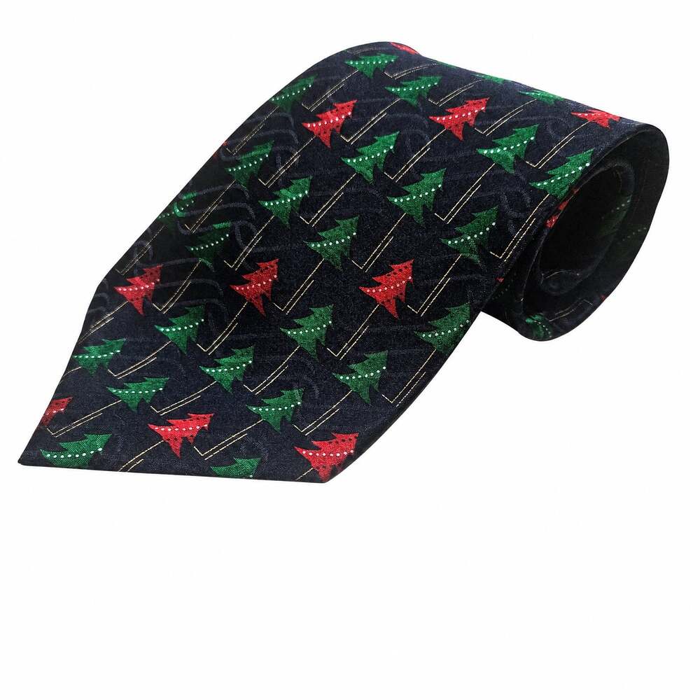 Hallmark Holiday Traditions Christmas Tree Black Silk Mens Necktie Novelty VTG